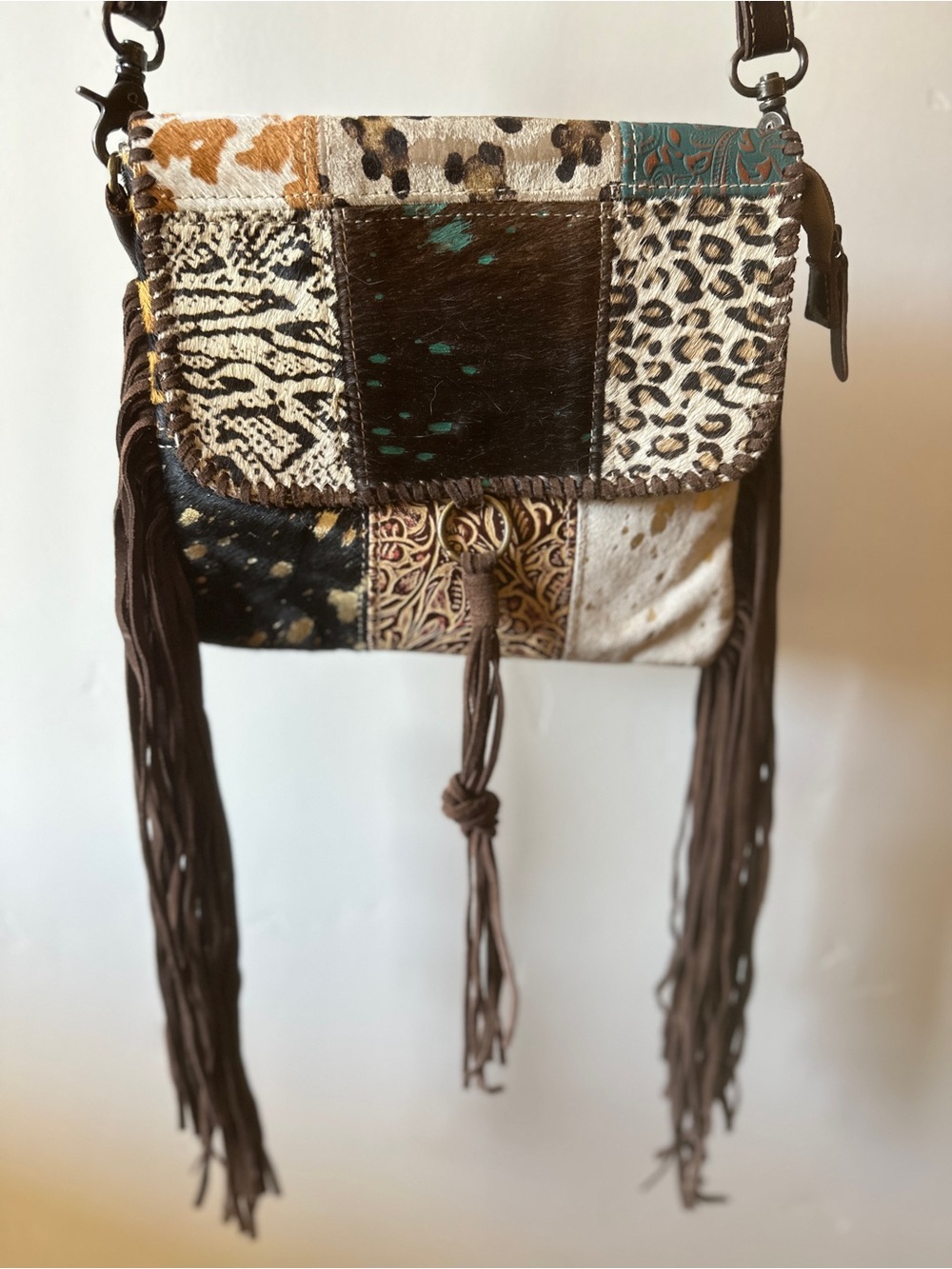 Myra Bag Patchwork Fringe Crossbody - Brown